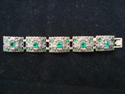 30sgreenstonebracelet 1930s Czech Filigree Green Stone Bracelet