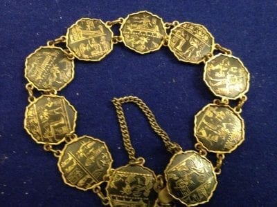 IMG 05871 scaled 1950s Damascene Gold and Silver Egyptian Scenes inlay bracelet