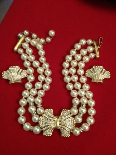 IMG 0692 Swarovski Pearl and Rhinestone Choker Necklace and Earrings Set