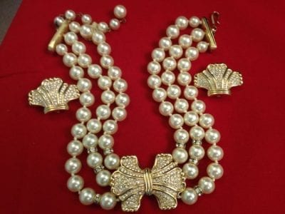 IMG 0693 Swarovski Pearl and Rhinestone Choker Necklace and Earrings Set