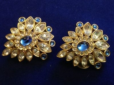 IMG 0737 1960s Sphinx Clip Earrings - Blue Rhinestones
