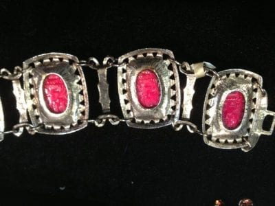 IMG 0978 Selro Selini 1950s Wide Scarab Red glass bracelet