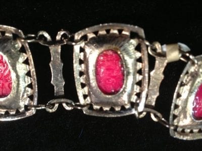 IMG 0979 Selro Selini 1950s Wide Scarab Red glass bracelet