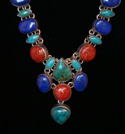 corallapicenecklace2 1970s 1980s Turquoise Coral Lapis Silver Necklace