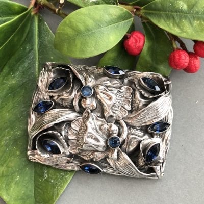 Sterling Sapphire Glass Brooch
