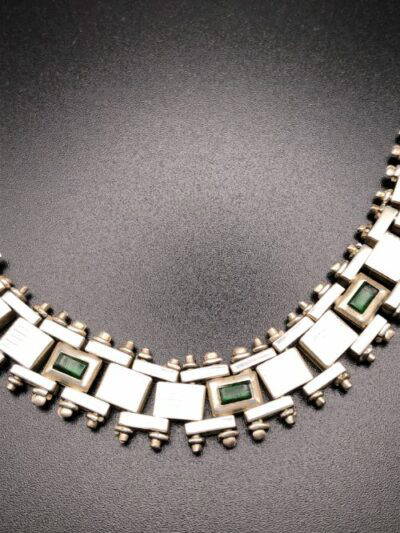 IMG 9982 Vintage Jakob Bengel Panel link Necklace with green glass inserts