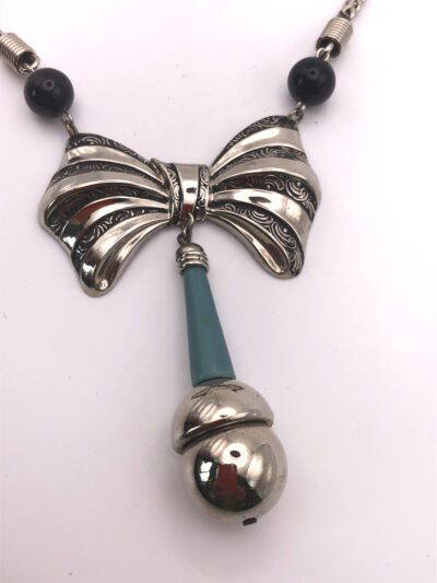 Vintage Jakob Bengel Bow Necklace with Petrol Blue and Chrome drop 1920-1930