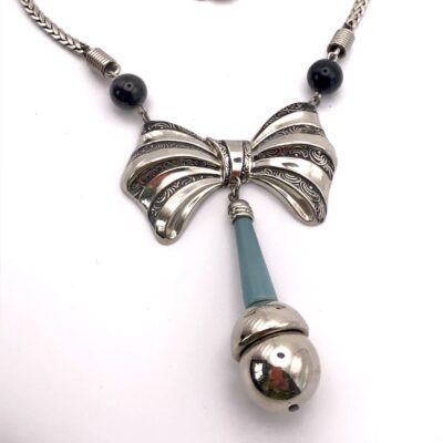 Vintage Jakob Bengel Bow Necklace with Petrol Blue and Chrome drop 1920-1930